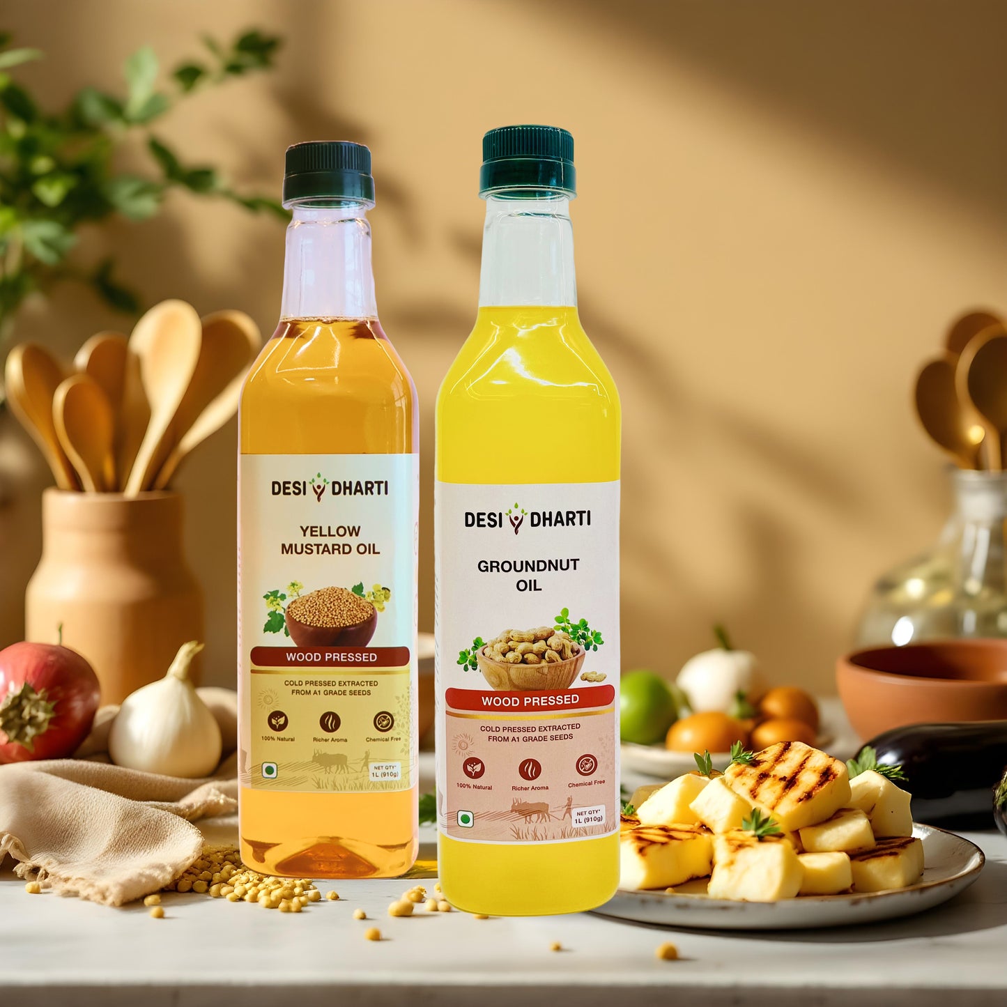 Wood Cold Pressed Groundnut (Peanut) & Yellow Mustard Oil, 1L Each